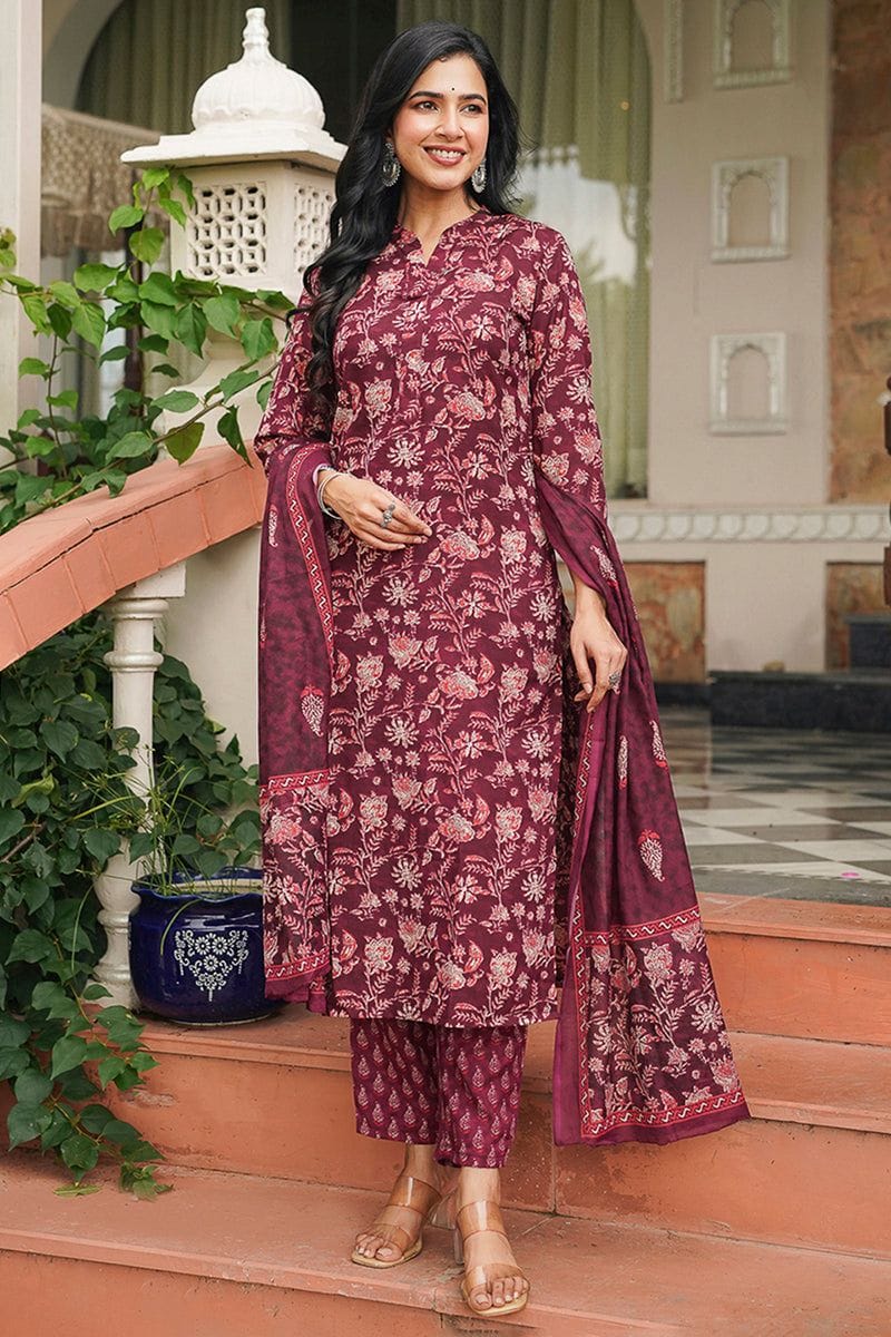 Maroon Rayon Blend Floral Printed Straight Suit Set