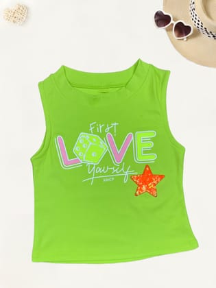 Girls Neon Green Fancy Tank Top  [GT-592] [4-12 year]-7-8Y (Size - 30) / Ribbed / Neon Green