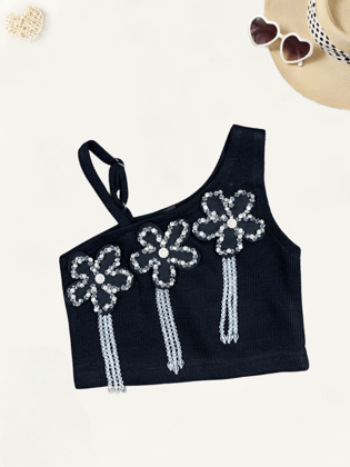 Girls Imported Black Flower top[GT-731] [1-8 Year]-1-2Y (Size - 18) / Imported / Black