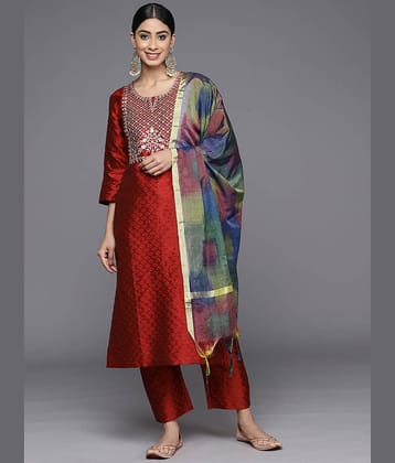 Varanga Silk Blend Embroidered Kurti With Pants Women's Stitched Salwar Suit - Maroon ( Pack of 1 )