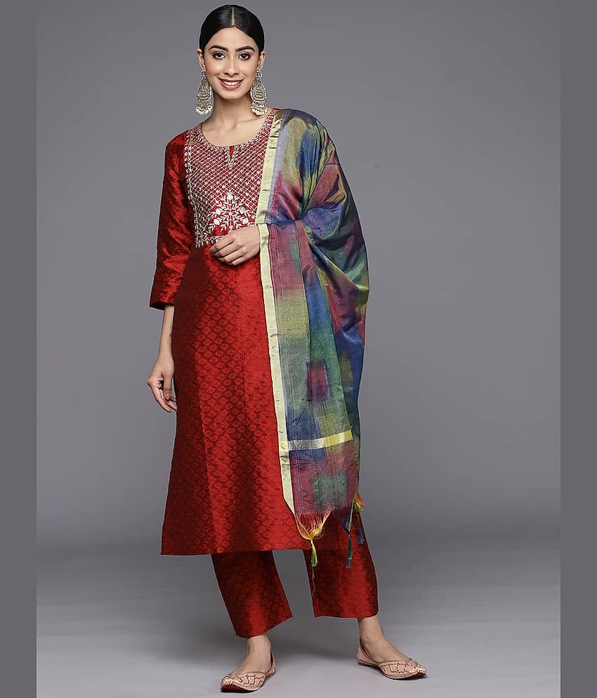 Varanga Silk Blend Embroidered Kurti With Pants Women's Stitched Salwar Suit - Maroon ( Pack of 1 )