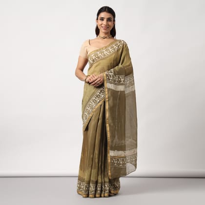 Moora Shailja Henna Green Chanderi Silk Saree with Traditional Hand Block Bagru Print Pre Drape Style Size Length 5.50 Meters Width 44 Inches with Blouse Piece 1metre