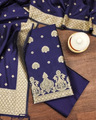 Noor-e-Banaras Brocade Lichi Silk Navy Blue Suit