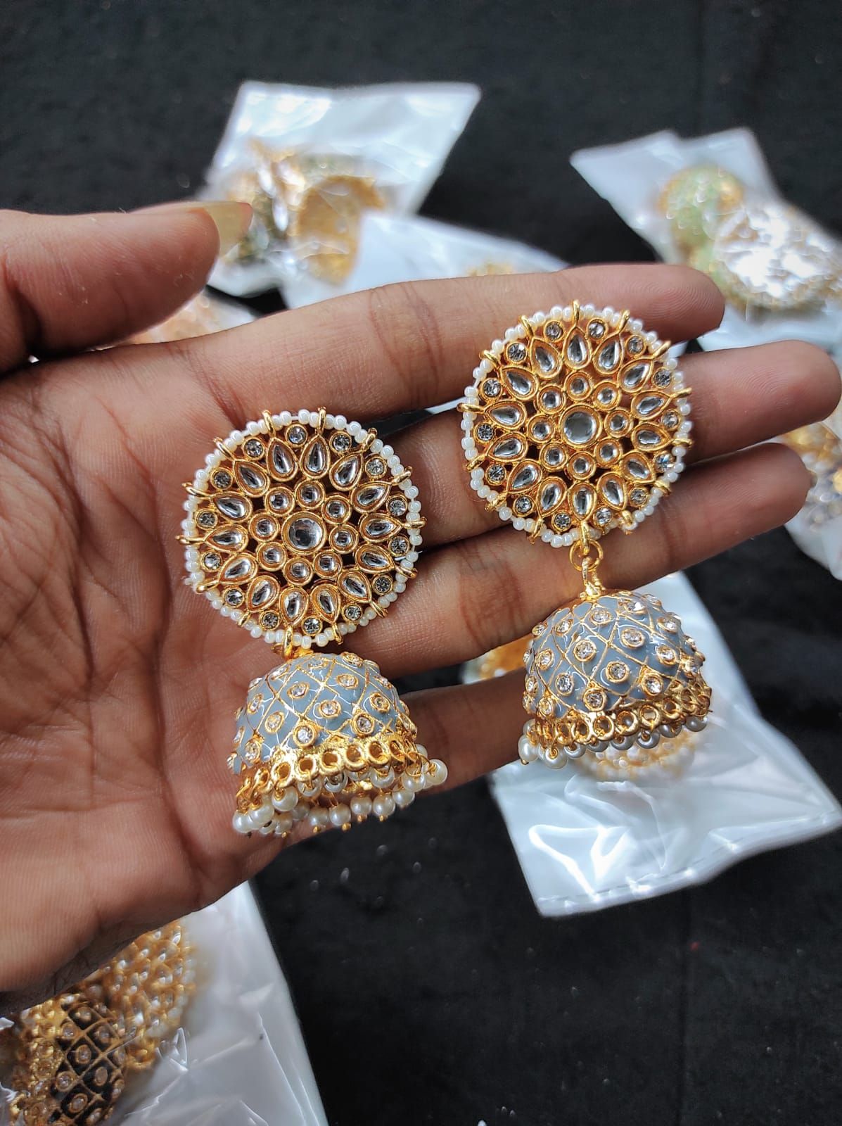 Traditional kundan meenakari jhumka earrings ad stone Set By Zevar