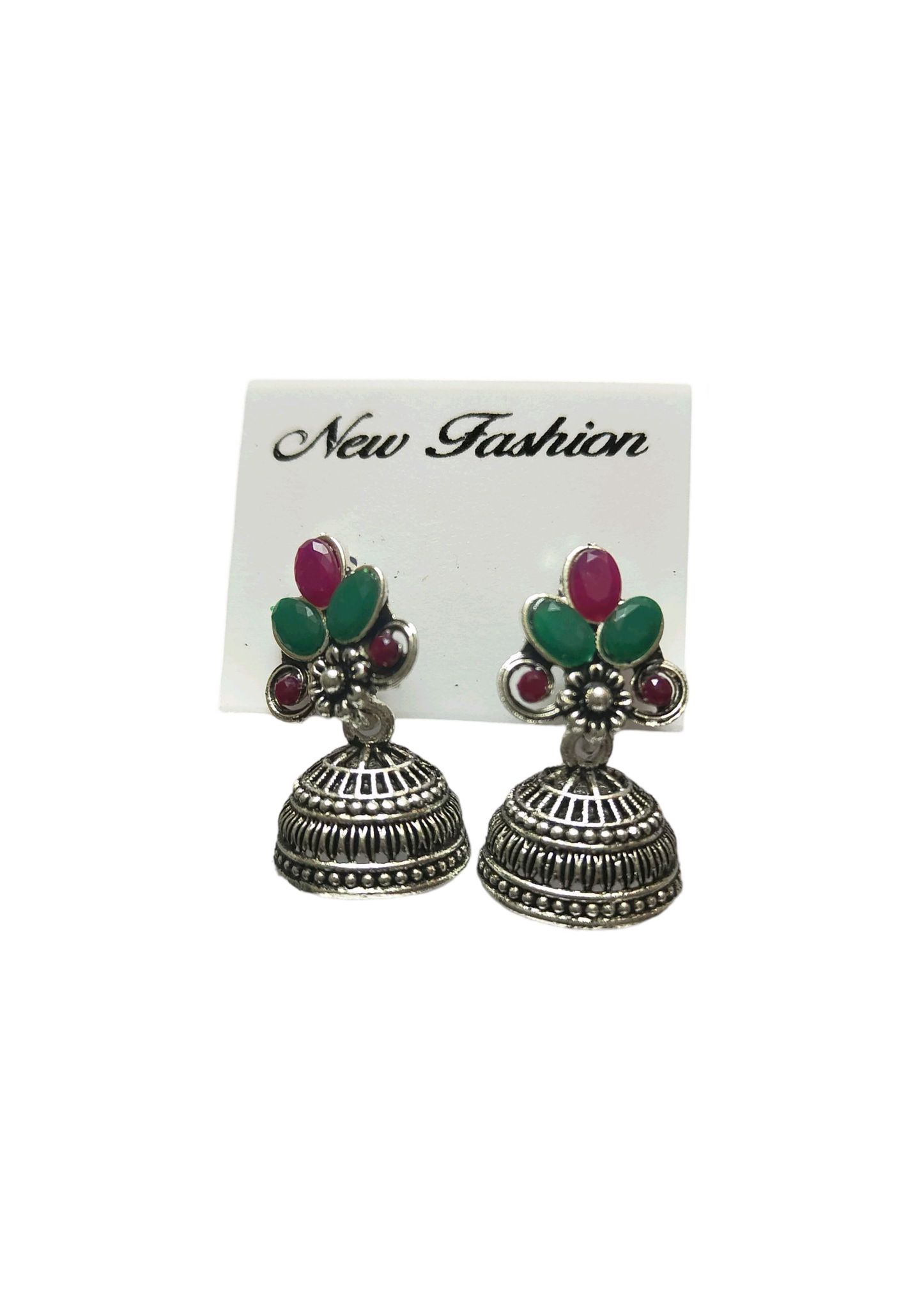 New Fashion Oxidized Silver Plated Green & Pink Stone Jhumki Earrings For Women And Girls