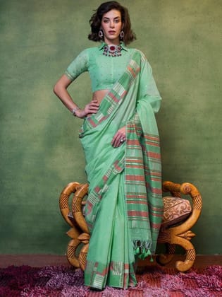 Seafoam Green Woven Design Zari Pure Cotton Saree