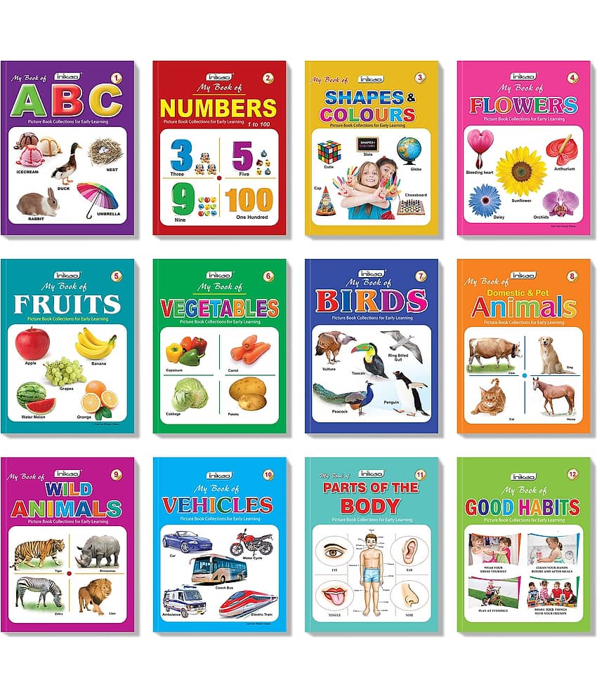 InIkao Picture Books Collection for Early Learning (Set of 12) | Alphabet, Numbers, Fruits, Birds, Colours & Shapes, Flowers, Vegetables, Animals, Good Habits , Vehicles, Parts of Body