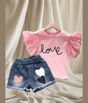 ODIMENT Pack of 1 Girls Cotton Top With Jeans ( White & Pink )