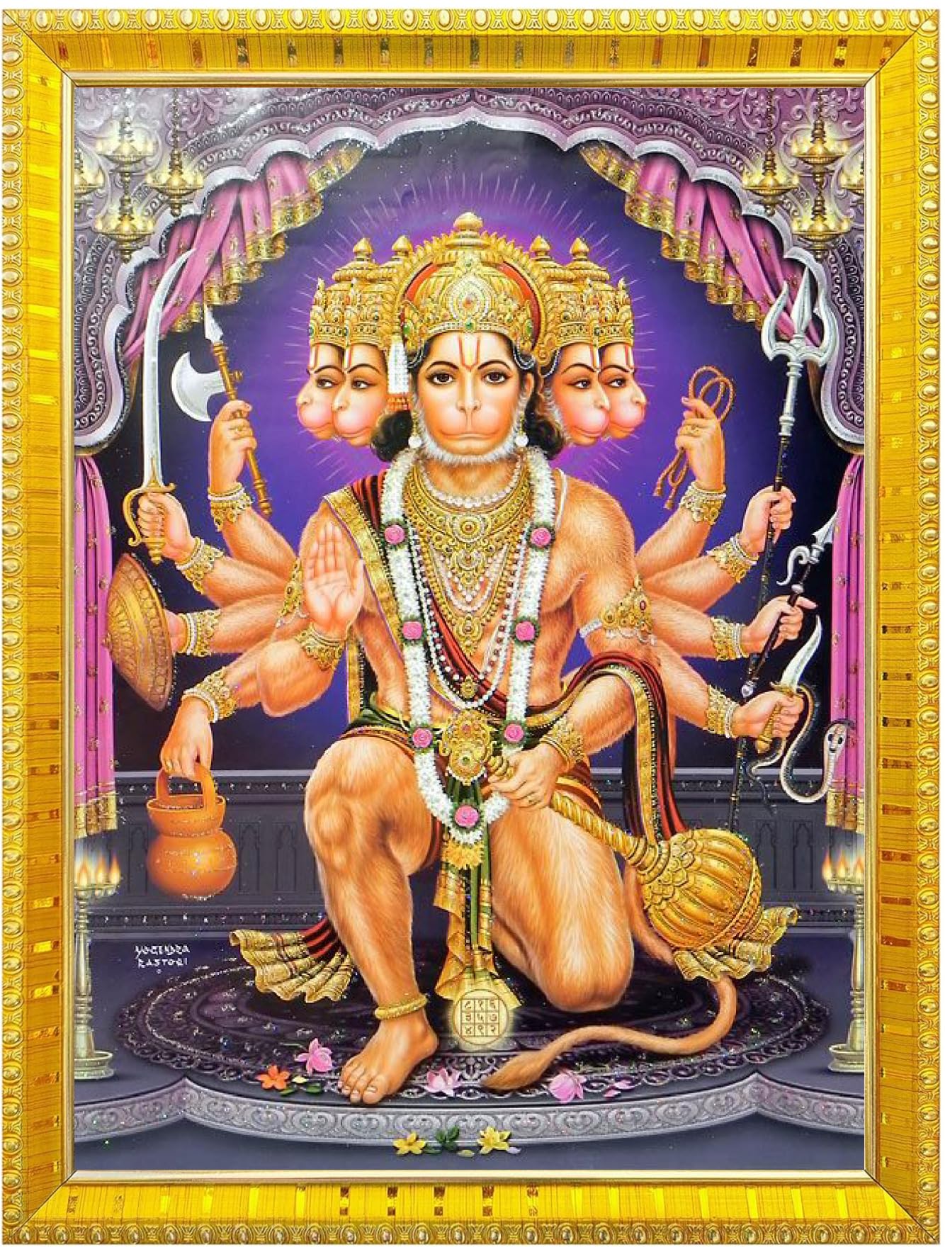 NOKKES 5 Mukhi Hanuman Ji Panchmukh hanuman ji Golden 5X7 Inch Photo Frame_AQW15