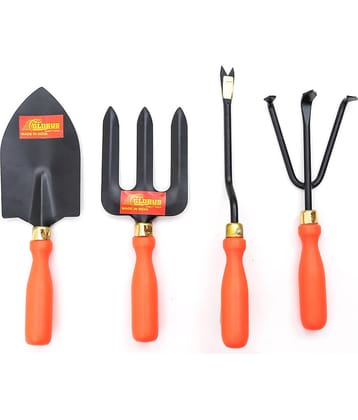 GLOBUS STEEL GARDEN TOOLS SET/ 4 PCS ( BIG TROWEL, WEEDER FORK, WEEDER, CULTIVATOR ORANGE COLOUR PLASTIC HANDLE)