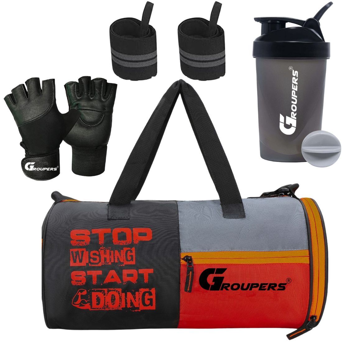 GROUPERS SWSD Duffel Bag l Gym Bags lWrist Band Support l Gym Gloves l Gym Shaker Bottle-400 ML (Black)