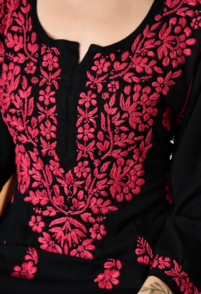 Black Kurta with Intricate Chikankari Work - Pink