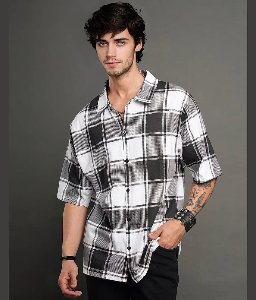 Eyebogler Cotton Blend Oversized Fit Checks Half Sleeves Men's Casual Shirt - White ( Pack of 1 )