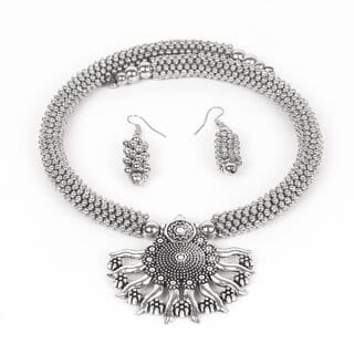 OXIDIZED PENDANT CHAIN JEWELRY SET/ CULTURAL KODAVA THALI EMBOSSED LIGHT-WEIGHT CHOKER/NECKLACE WITH ARTIFICIAL STONE JE