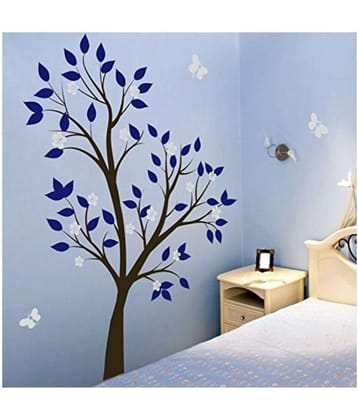 Print Mantras Tree Blue Leaves Grey Flowers wall stickers Nature Sticker ( 140 x 140 cms )