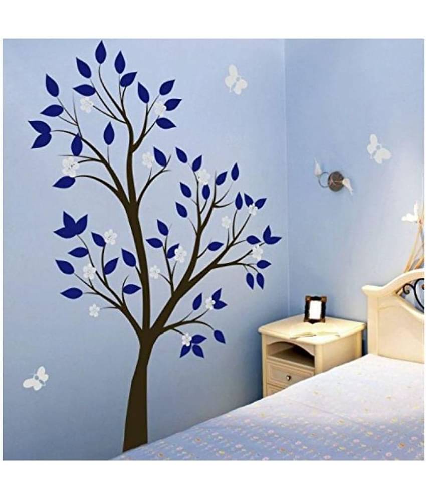 Print Mantras Tree Blue Leaves Grey Flowers wall stickers Nature Sticker ( 140 x 140 cms )