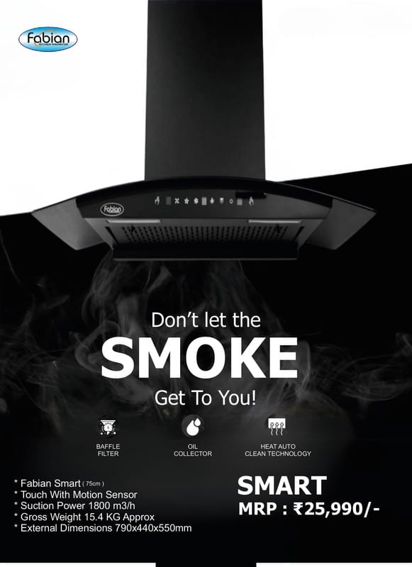 Fabian Smart Kitchen Chimney (75cm) | 1800m3/hr Powerful Suction | Heat Auto Clean & Baffle Filter | Modern Kitchen Ventilation