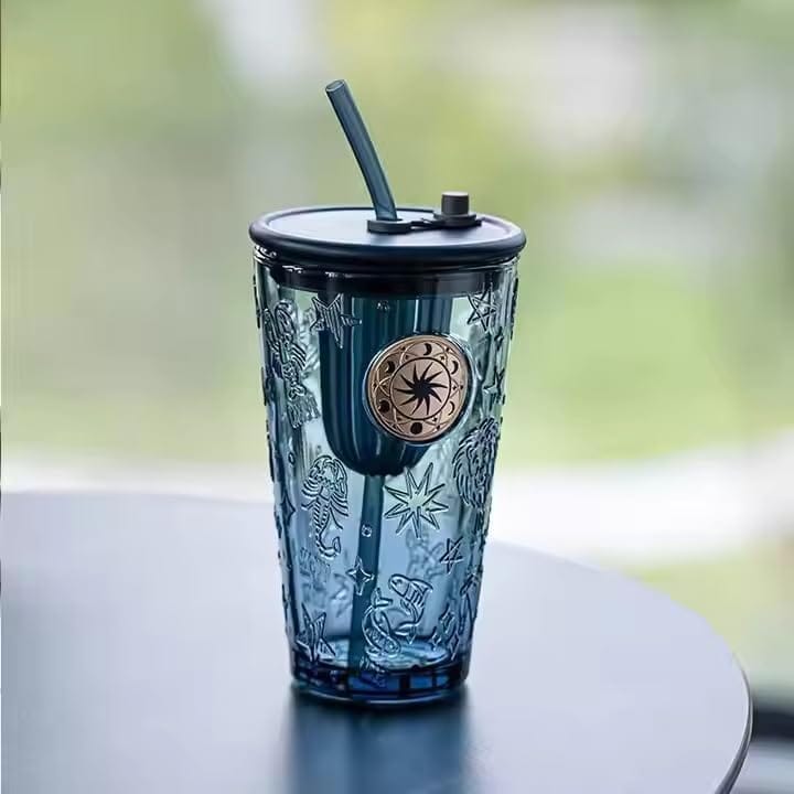 Constellation Glass Tumbler with Lid and Straw | Reusable Cola Cup for Fruit Juice | Iced Coffee Cocktail Mug | Tumbler forJuice,Tea for Home, Office & Travel (450 ml,Pack of1,Dark Blue)