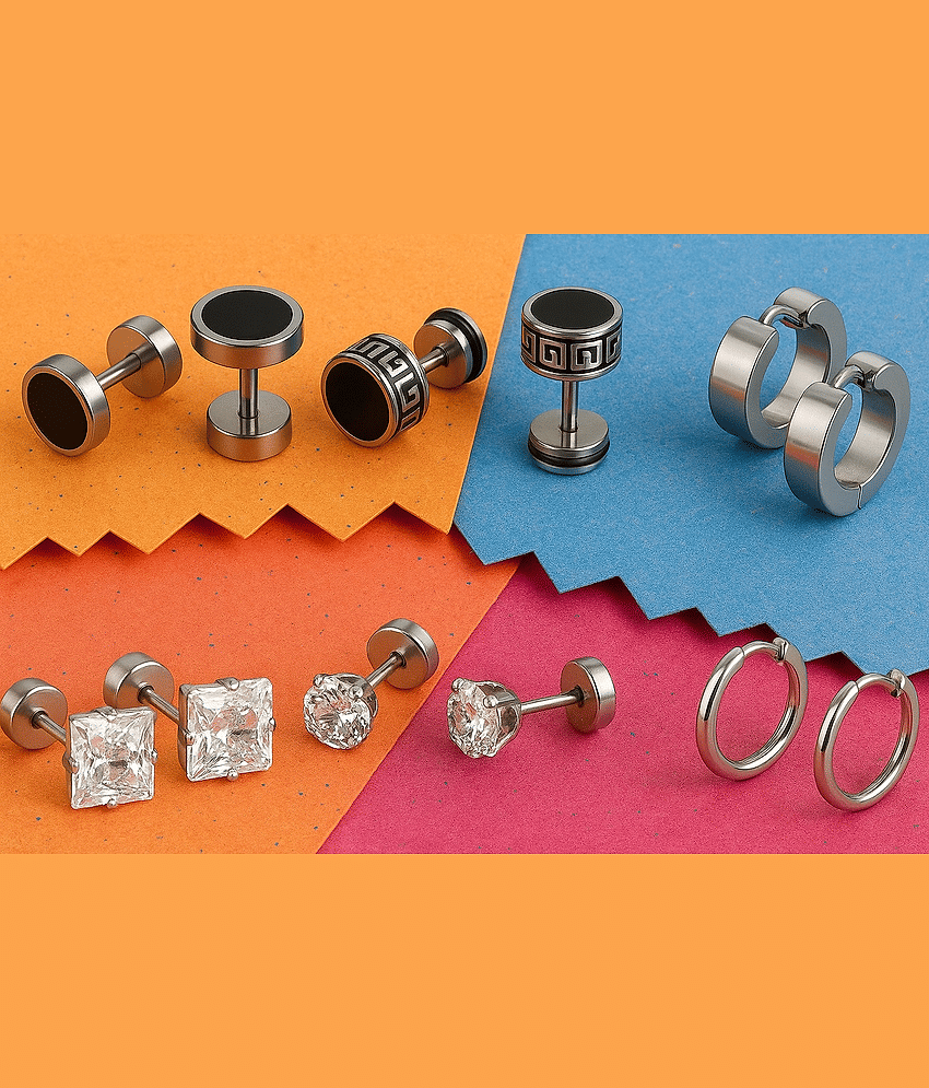 6-Pair Stainless Steel Men's Earring Set – Studs & Hoops with Black and Crystal Accents