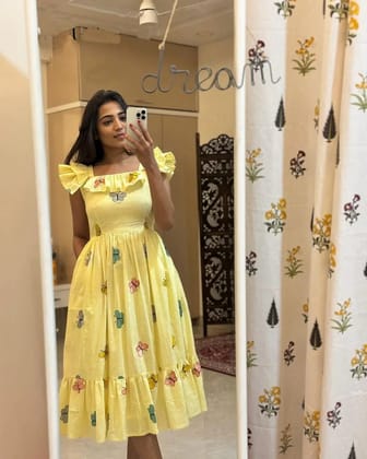 Women Yellow Cotton Embroidery Middi Gown-S