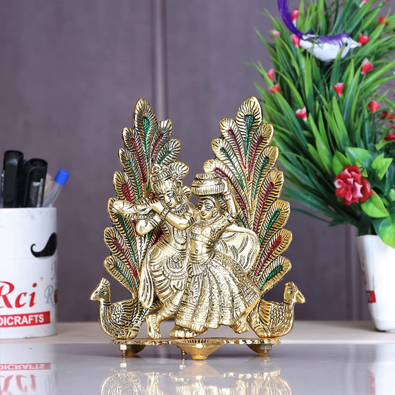 DreamKraft Radha Krishna Metal Statue with Diya