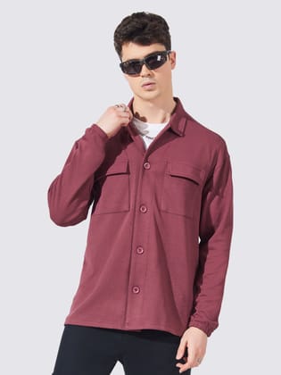 Double Pocket Solid Burgundy Full Sleeve Shacket-S / Burgundy