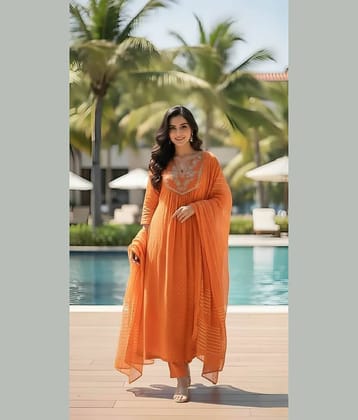 Hiva Trendz Women Polyester Solid Straight Kurti With Pants ( Orange )