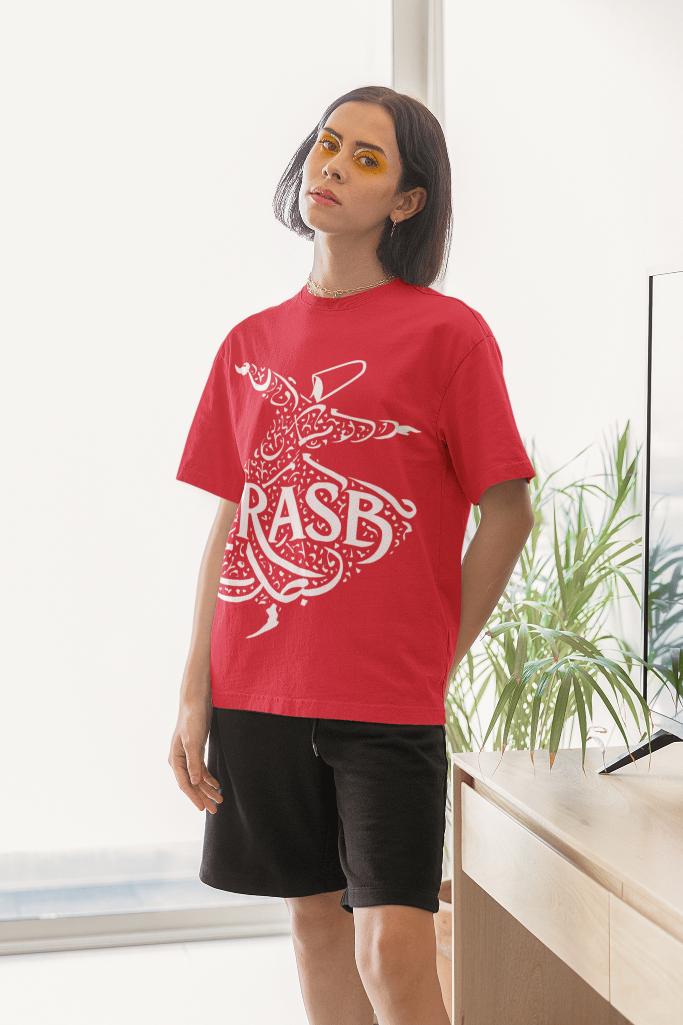 Soofi – Dance of the Soul Tee –  Round Neck Drop Shoulder Graphic Printed Oversized Cotton T-shirt-S / Red