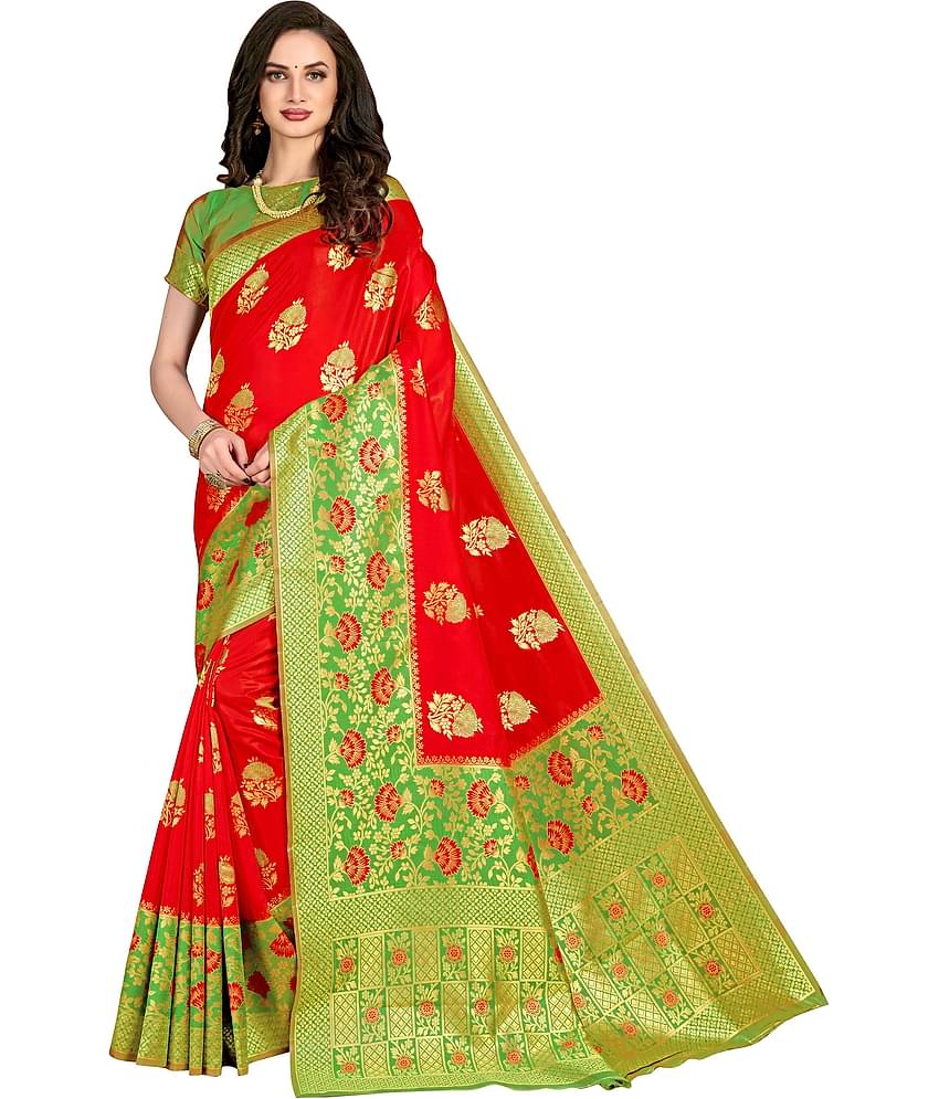 Sariya Jacquard Woven Saree With Unstitched Blouse Piece ( Red )