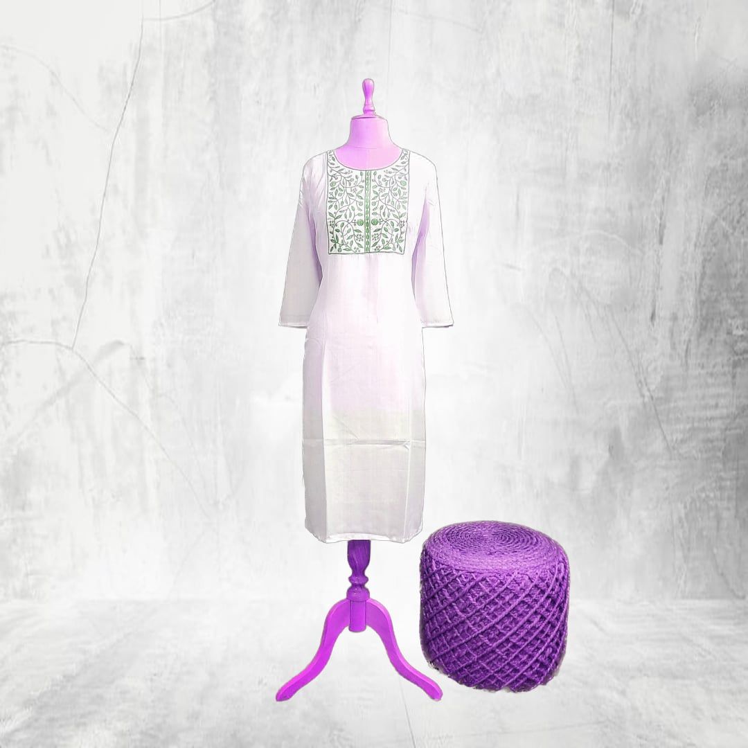 White Cotton Kurti with Green Floral Embroidery | Breathable Ethnic Wear | Casual & Festive