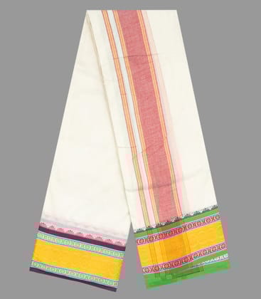 Cream 10 x 6 Cotton Dhoti with Multicolour Floral Border-CD1441-Cream