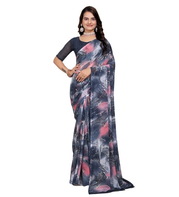 Generic Women's Georgette Printed Saree with Unstitched Blouse Piece, Soft Lightweight 5.5 m Sari for Daily, Office and Wear (Grey-Pink, Design 67582)