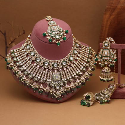 Green Color Meena Work Kundan Necklace Set (KN1454GRN)-Adjustable Rope / Green / Alloy With Good Quality Gold Plated