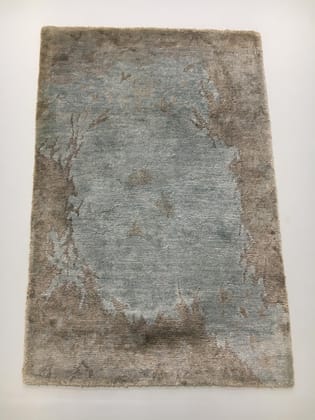 Hand-Knotted Wool & Bamboo Silk Rug  2x3 ft | Modern Geometric Design, Ltbrown Aqua