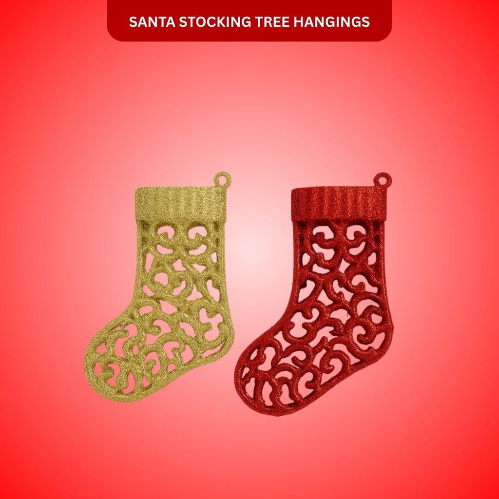 Christmas Tree Ornaments - Santa Stocking Hangings Red &amp; Gold - Set of 2PC - Party and Festive Needs | Buy online on ZillyBuy