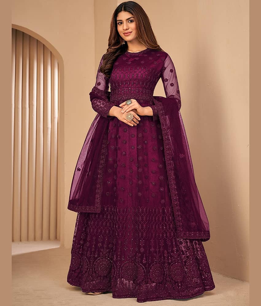 Apnisha Magenta Flared Net Women's Semi Stitched Ethnic Gown ( Pack of 1 )