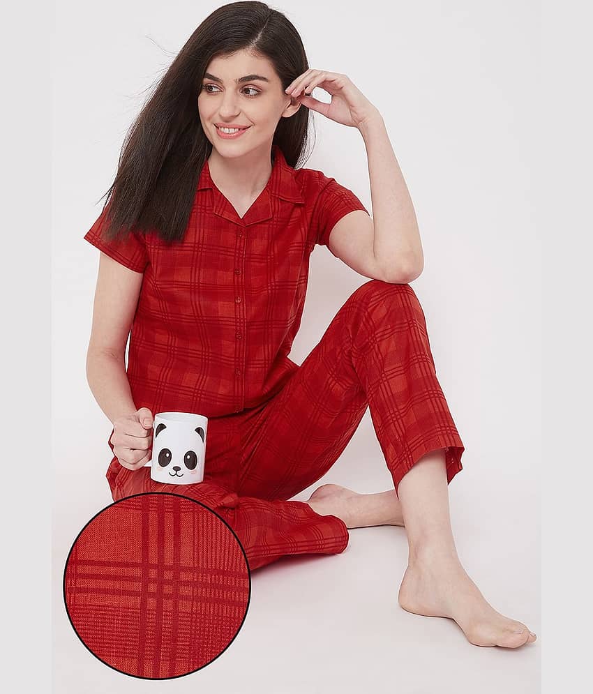 Clovia Cotton Blend Nightsuit Sets - Red