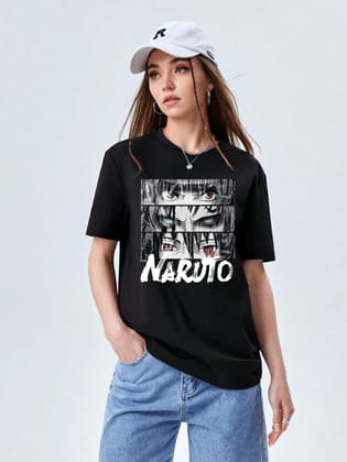 Oversized Naruto Tee: Black, Loose Fit, Anime Graphic-Black / S