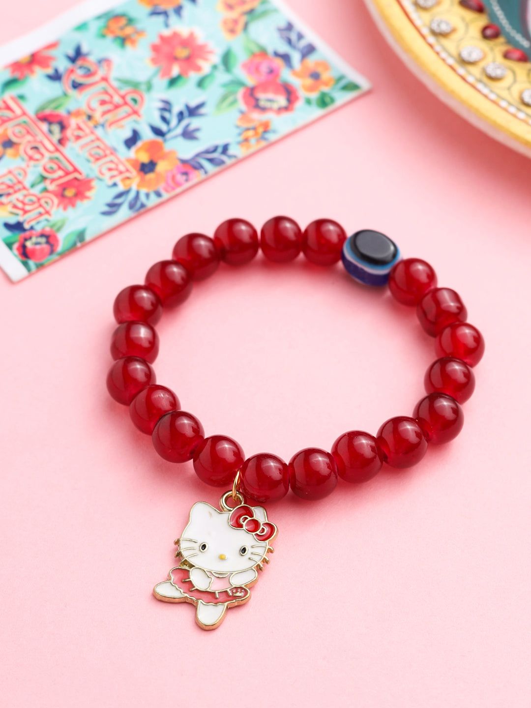 NVR Kids Cartoon Design Maroon Artificial Beads Thread Rakhi with Roli Chawal Chandan & Mishri-One Size / Maroon