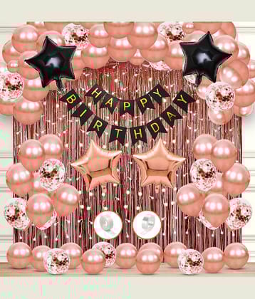 Zyozi Birthday Decorations Combo Set | Birthday Decorations Items - Banner, Balloons, Star Foil Balloons, RoseGold Confetti Balloons, Rice Light & Foil Curtains (Pack Of 70)