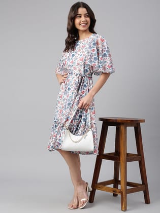 White Georgette Floral Print Flared Western Dress White Georgette Floral Print Flared Western Dress