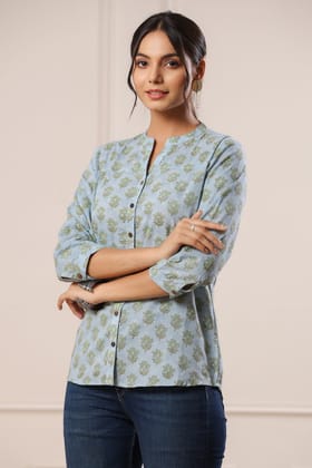 Maheen Ashika Hand Block Printed Short Top-S / Blue / Blue