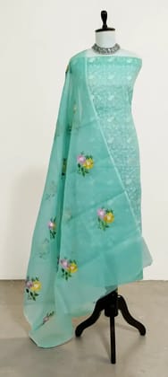 Handwoven Kota Doria Dress Material, Teal Green with Floral Gota Patti Handwoven Kota Doria Dress Material, Teal Green with Floral Gota Patti