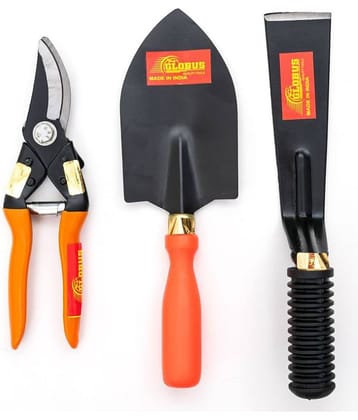 GLOBUS STEEL MAJOR  PRUNER 8" (200 MM), STEEL GARDEN KHURPA 2" AND BIG TROWEL ORANGE COLOUR PLASTIC HANDLE