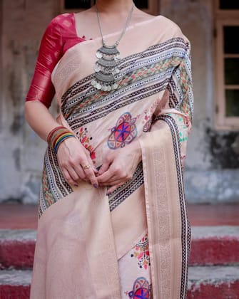 Elegant Peach Banarasi Silk Saree with Multicolor Embroidery and Tassels-Regular