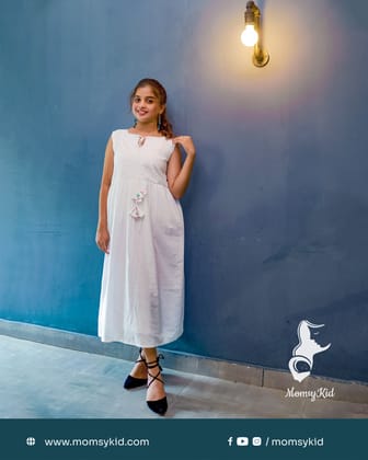 White Dobby Rayon Midi Length Dress With Keyhole Neckline - Sleeveless White Dobby Rayon Midi Length Dress With Keyhole Neckline - Sleeveless