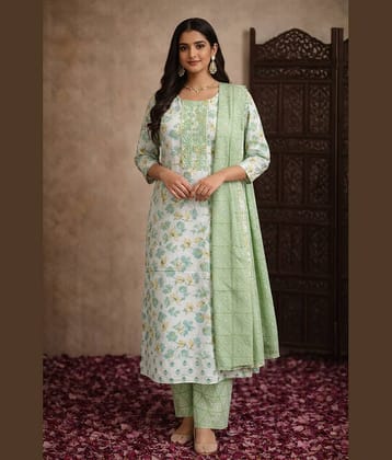 Aarika Women Cotton Printed Straight Kurti With Pants ( Light Green )