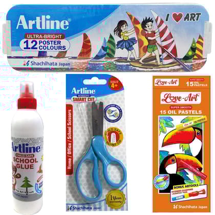 Artline Combo Pack: 12 Poster Color Set, 15 Oil Pastel Set, Smart Cut Scissors & 50 Gram White Glue