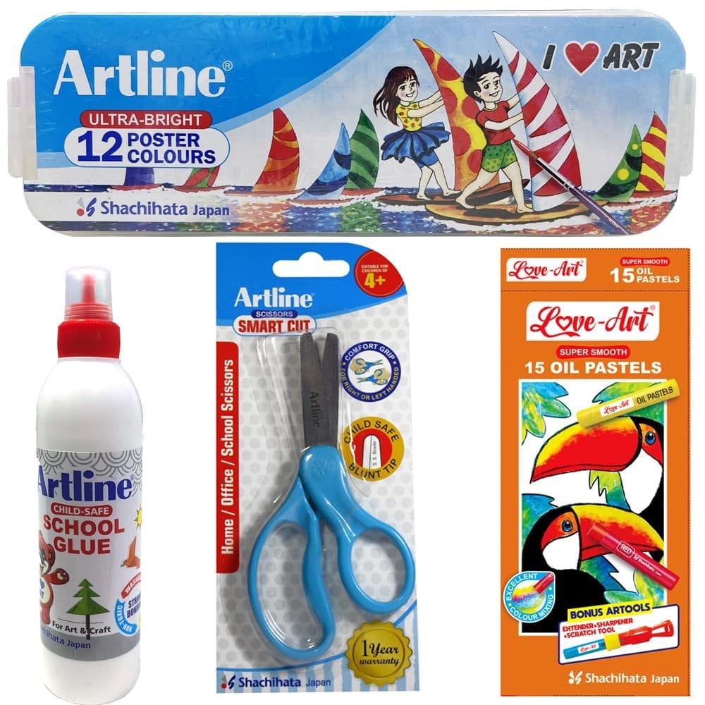 Artline Combo Pack: 12 Poster Color Set, 15 Oil Pastel Set, Smart Cut Scissors & 50 Gram White Glue