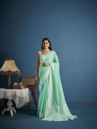 Light Green Soft Linen silk with Chikhankhari Weaved Border Designer Saree